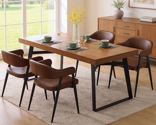 HNY Modern Dining Room Arm Chairs Set of 4, Retro Faux Leather Upholstered Barrel Dining Chairs with Arms Mid-Century Brown Accent Chair with Metal Legs, Open-Back Kitchen Side Chair for Living Room