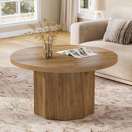 Tribesigns Round Coffee Table, 31.5" Mid Century Modern Center Table with Fluted Base, Farmhouse Wooden Accent Cocktail Tables for Small Space, Living Room, Apartment, Brown