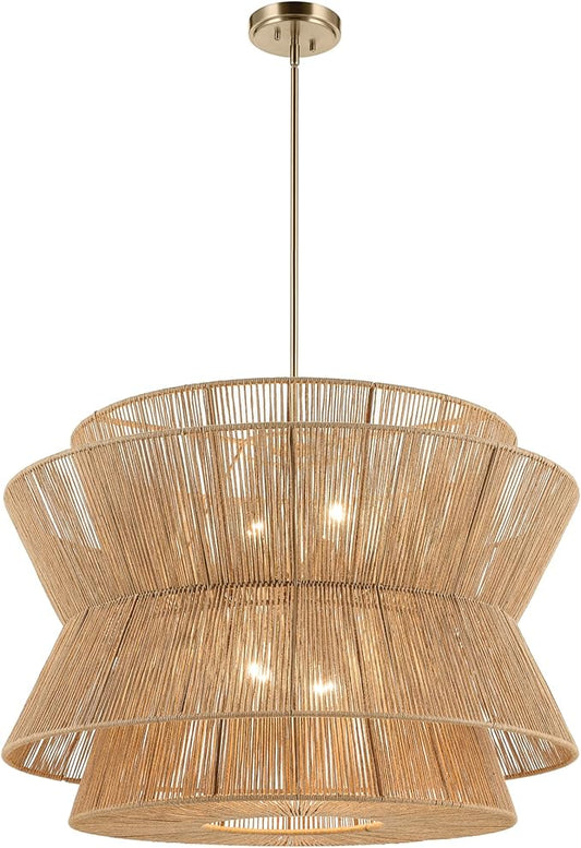 KICHLER Ophira 4-Light Pendant, Global Boho Light with Jute Shade in Champagne Bronze, Sloped Ceiling Compatible, for Living or Dining Room (24.75" x 36"), 52736CPZ