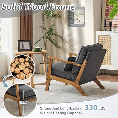 VINGLI Solid Wood Wide Armrests Accent Chair Set of 2,Upholstered Mid Century Modern Chair with Pillow,Farmhouse Arm Chair Comfy Reading Chair,Chairs Living Room,Bedroom,Guest Room,Linen Fabric,Grey