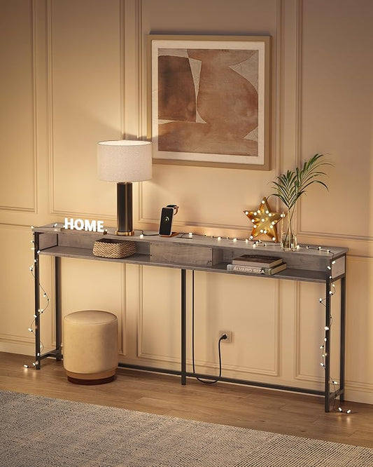 VASAGLE 55.1-Inch Console Table with Outlet and Shelves, Sofa Table with Charging Station, Behind Couch Table Skinny, Entryway Table for Hallway, Living Room, Heather Greige and Ink Black ULNT120K02
