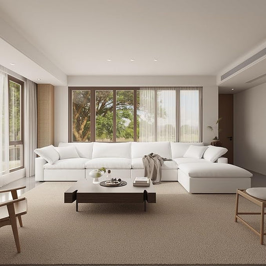 Cloud Modular Sectional Sofa,143" Down Filled Sofa 4 Seat with Chaise,Minimalist Sofa Cover Washable and Replaceable Couches for Living Room,Sectional Sofa Deep Seat White