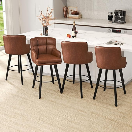 360°Swivel Counter Height Bar Stools with Back, 30 inch Solid Wood Legs, Bar Stool Modern Kitchen Island Chairs, Faux Leather (Brown- Faux Leather, 30" H- Set of 4)