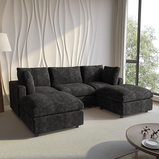 Cloud Couch Modular Sectional Sofa,100.5" U Shaped Couch, Oversized Convertible Wide Seater,3 Seater with 2 Ottomans for Living Room Set, Covers Washable&,Black