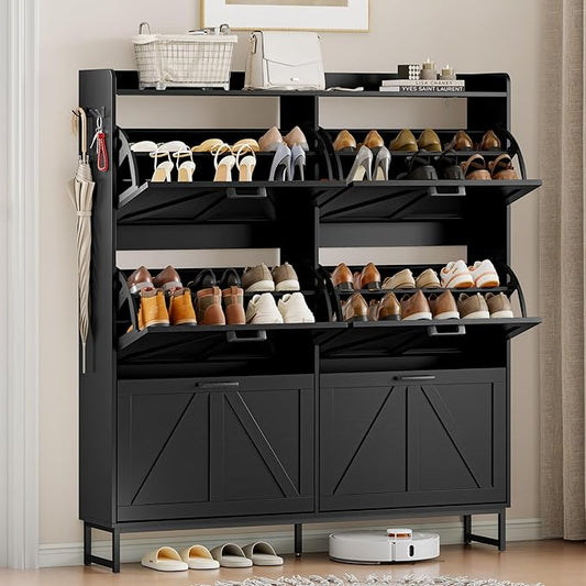 Shoe Cabinet Storage for Entryway, Shoe Storage Cabinet with 6 Flip Drawers, Freestanding Narrow Shoe Rack Organizer with Metal Legs, Adjustable Shelves & Open Storage for Foyer, Hallway, Black