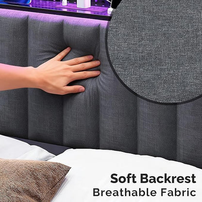 VINGLI Queen Size Headboard Only, Adjustable Upholstered Headboard with 3 Tier Shelves and Pegboard with Charging Stations and LED Lights, Modern Bed Headboard with Storage for Bedroom Decor
