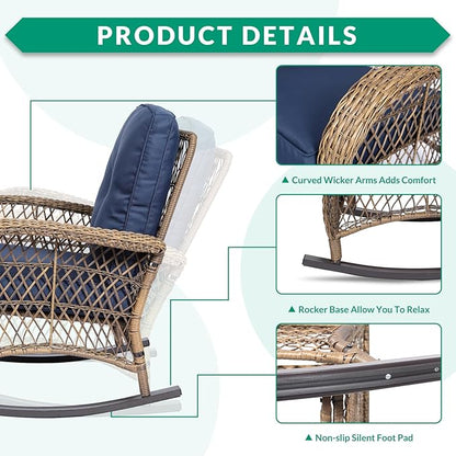 VIVIJASON 7-Piece Outdoor Patio Wicker Conversation Sets, All Weather Outdoor Rattan Furniture Set Includes Glider Loveseat, 2 Rocking Chairs, 2 Glider Rocker Chairs, 2 Coffee Table, Navy Blue