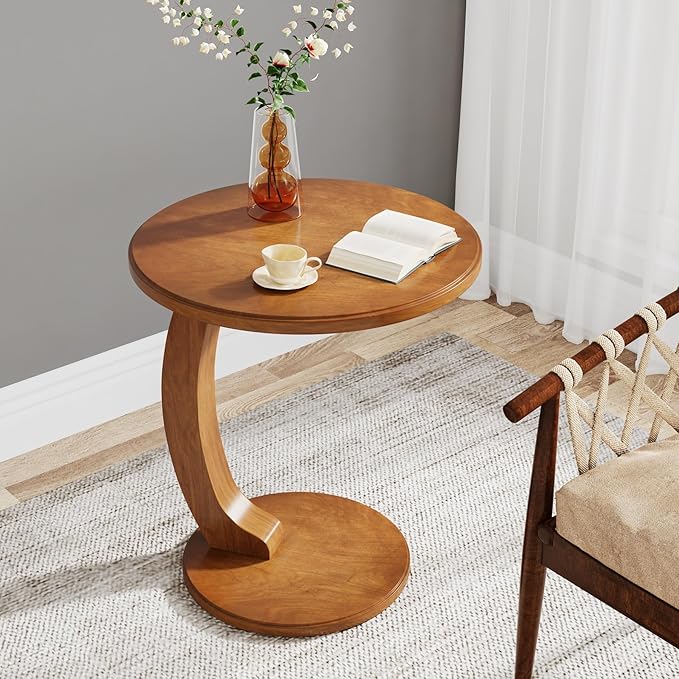 Tribesigns C-Shaped End Table Set of 2, Wooden Round Side Sofa Table, Couch Side Table, Mid-Century Modern End Table, Small Side Table, Boho Side Tray Table for Living Room, Brown