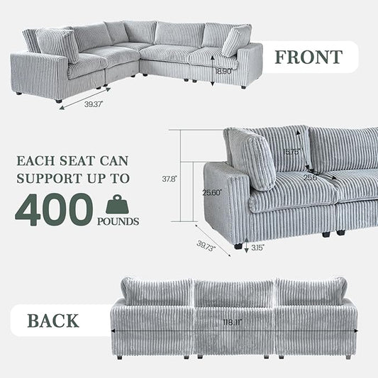 Modular Sectional Sofa, Convertible L Shaped Sectional Couches for Living Room,Deep Seat Cloud Couch,5 Seat Comfy Modular Sofa with Ottoman, Removable Covers,Gray