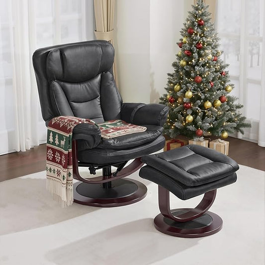 MCombo Oversized Swivel Recliner Chair with Ottoman, Adjustable Backrest, 360° Wood Base, High Seat, Faux Leather Lounge Chair for Tall Users in Living Room, Bedroom, or Office 4651 (Dark Grey)