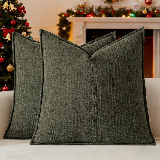 a moment Christmas Linen Pillow Covers Set of 2,Boho Farmhouse Throw Pillowcases Neutral Textured Decorative Covers for Couch Sofa,Soft Linen Blend Accent Case Cushion Home Decor 20"x20"Dark Green