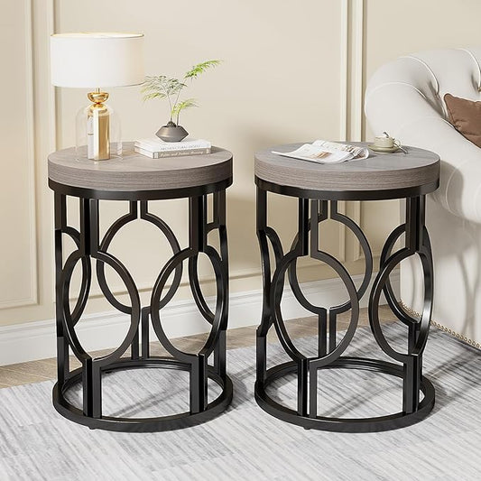 Tribesigns Round End Table Set of 2, Industrial Side Table with Metal Hollow Frame, Small Bedside Table Nightstand for Living Room, Bedroom, Easy Assembly (Grey,2 PCS)