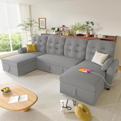 Ucloveria Sleeper Sofa Bed, 112" U Shaped Sectional Sofa Couches for Living Room, Pull Out Couch Bed with Dual Reversible Storage Chaise | Charging Station | Side Pockets | Removable Backrest