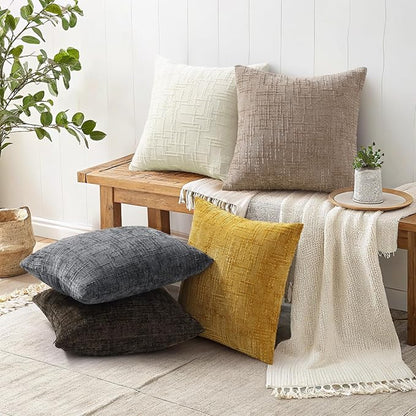 decorUhome Oatmeal Chenille Throw Pillow Covers 22x22 Set of 2 Thick Textured Slubby Couch Pillow Covers Farmhouse Accent Modern Neutral Decorative Pillow Cases for Bed Sofa Living Room
