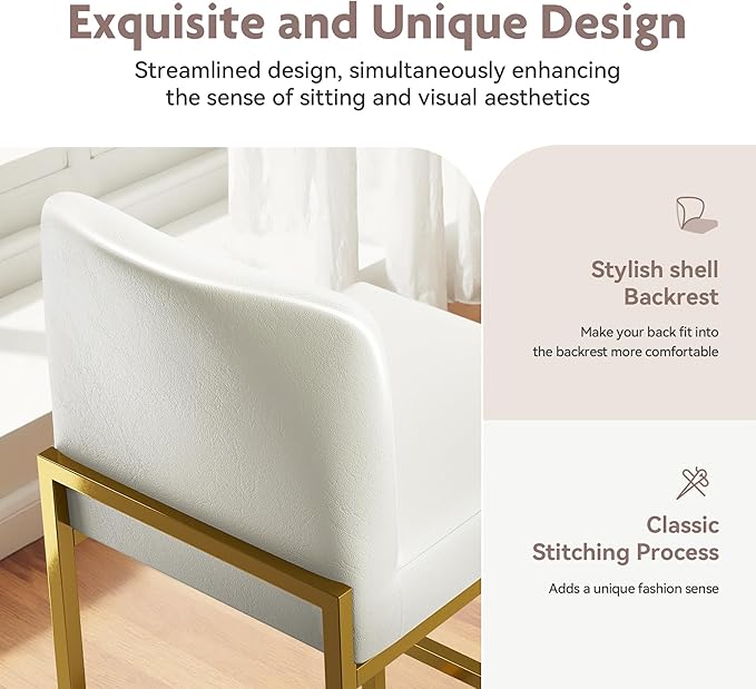ALPHA HOME 24 Inch Bar Stools Set of 2, Kitchen Counter Stools with Backs, PU Leather Barstools, White Bar Stools with Upholstered Footrest, Sturdy Chromed Metal Steel Frame, White