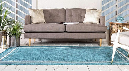 Unique Loom Outdoor Border Collection Area Rug - Soft Border (6' 1" x 9' Rectangle, Teal/ Ivory)