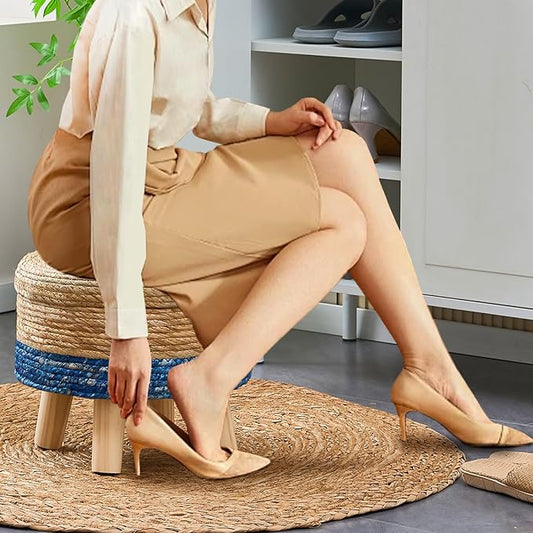 Cpintltr Storage Ottoman Poufs Handwoven Footstool Natural Seagrass Round Footrest Stool with 4 Wood Legs Soft Padded Outdoor Seat for Hallway Lounge Bedroom Garden