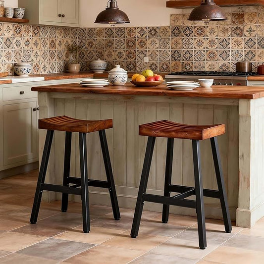 OUllUO Bar Stools Set of 2, Backless Saddle Barstools, 25" Counter Height Bar Stools, Solid Wood Counter Stools with Metal Frame, 521P-BBWD
