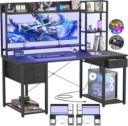 Aheaplus Desk with LED and Outlets, Gaming Desk with Hutch, 55.2'' Computer Desk with Drawers, Reversible Office Desk with Storage Bookshelf Large Workstation Desk with Shelf, Desk for Home, Black