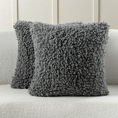 FUTEI Dark Grey Decorative Throw Pillow Covers 26x26 Inch Set of 2,Soft Fluffy Faux Wool Fur Boucle Textured Euro Pillow Shams,Modern Home Decor for Couch Bed Living Room Office