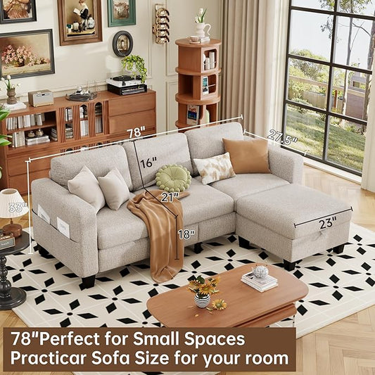 ZeeFu Sectional and Sofa Couches for Living Room - 78'' 3 Seater L-Shaped Modular Couch with Storage Ottoman - Modern Velevt Fabric Upholstered Sofa Set for Small Space Apartment Office