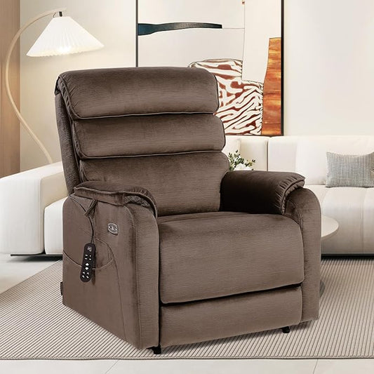 EONIX Wide Lay Flat Power Lift Recliner Chair for Elderly, Heavy Duty Oversized Fabric Lift Chairs Recliner Sofa with Heat and Massage and Charging Ports, Chenille Brown