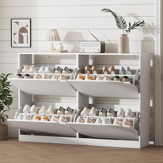 Shoe Storage Cabinet for Entryway with 4 Flip Drawers, Sturdy Wood Hidden Shoe Storage, Freestanding Narrow Slim Shoe Organizer for Front Door Entrance, Living Room, Hallway, Bedroom, White