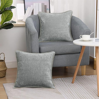 decorUhome Chenille Soft Throw Pillow Covers 22x22 Set of 2, Farmhouse Velvet Neutral Decorative Euro Pillow Covers with Stitched Edge for Couch Sofa Bed Home Decor, Neutral Gray