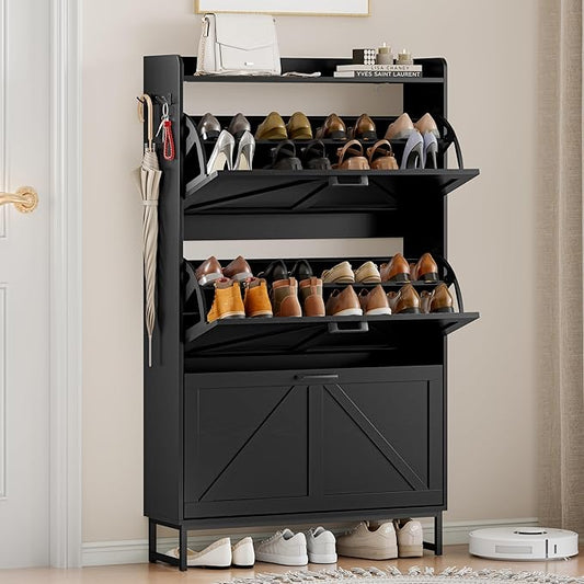 Shoe Cabinet Storage for Entryway, Shoe Storage Cabinet with 3 Flip Drawers, Freestanding Narrow Shoe Rack Organizer with Metal Legs & Side Hook for Foyer, Hallway, Black