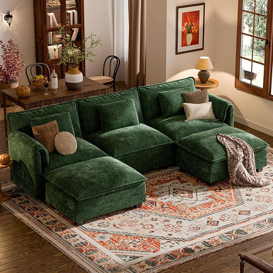 ELUCHANG 116" U Shaped Modular Sectional Cloud Couch with Pillow, Deep Seat Sofa Couches for Living Room, 5-Seat Modern Sofa with Movable Ottoman, Chenille Olive Green