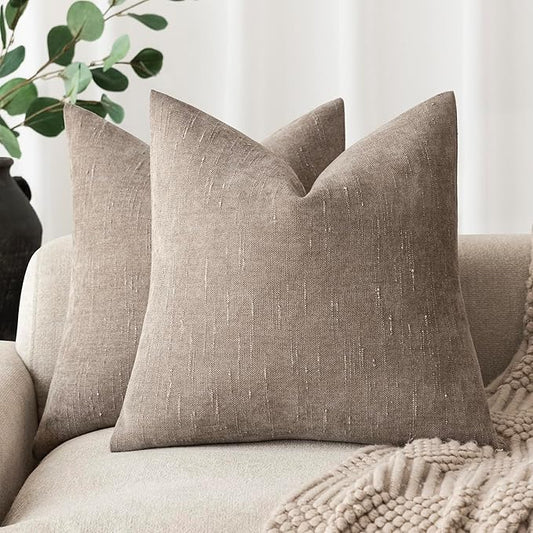 Foindtower Set of 2 Soft Textured Chenille Throw Decorative Pillow Covers Square Accent Solid Cushion Cover Cozy Neutral Farmhouse Pillow Case for Couch Sofa Bedroom Living Room 16x16 Inch,Light Taupe