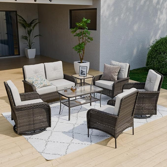 COOS BAY Vintage Courtyard Patio Furniture Set, Wicker Outdoor Furniture, Patio Conversation Sets, 2 Chairs, 2 Swivel Rockers, Loveseat, Coffee Table and Side Table, 7 Pieces, Gray/Beige