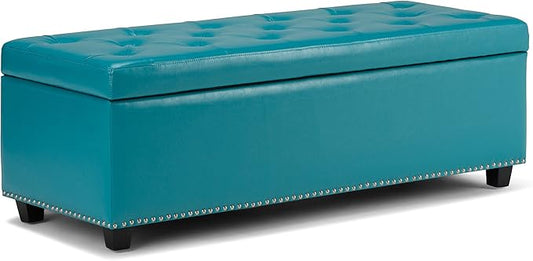 SIMPLIHOME Hamilton 48 inch Wide Transitional Rectangle Storage Ottoman in Mediterranean Blue Vegan Faux Leather, Assembled, For the Living Room, Entryway and Family Room
