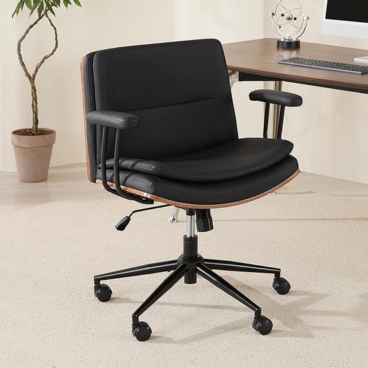 Criss Cross Chair with Armrests & Wheels, PU Leather Adjustable Swivel Walnut Task Chair with Wide Seat, Ergonomic Mid Back Computer Office Desk Chairs for Meeting Room, Home