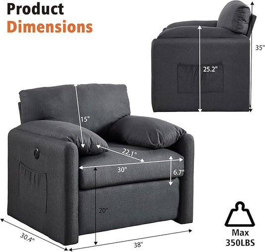 Oversized Accent Chair 38" Wide Mid-Century Modern Armchair for Living Room,USB and Type-C Ports,Comfy Reading Chairs for Bedroom with Side Pockets,Single Sofa Chair(Darkgrey, Set of 1)