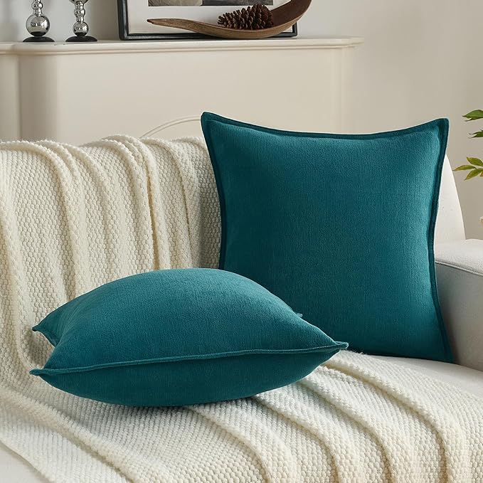 FUTEI Teal Chenille Throw Pillow Covers 16x16 Inch Set of 2,Edges Double-Stitched Cushion Cases,Modern Home Decor for Couch Living Room