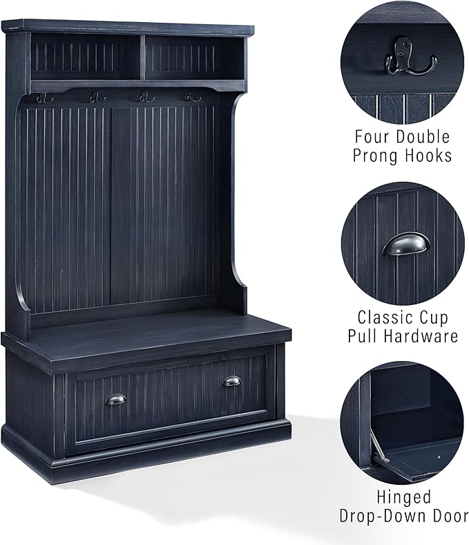 Crosley Furniture Seaside Hall Tree with Shoe Rack Bench and Coat Hooks for Hanging Storage, Distressed Navy