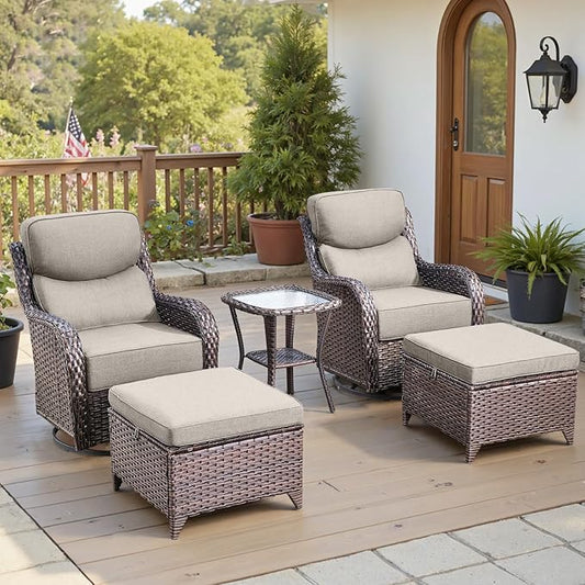 Belord Luxury 6" Thick Cushioned 5 Pieces Patio Furniture Set with 2 Ottomans, Wicker Outdoor Conversation Set with High Back Swivel Rocker Patio Chairs for Deck Porch Yard and Poolside - Brown+Beige