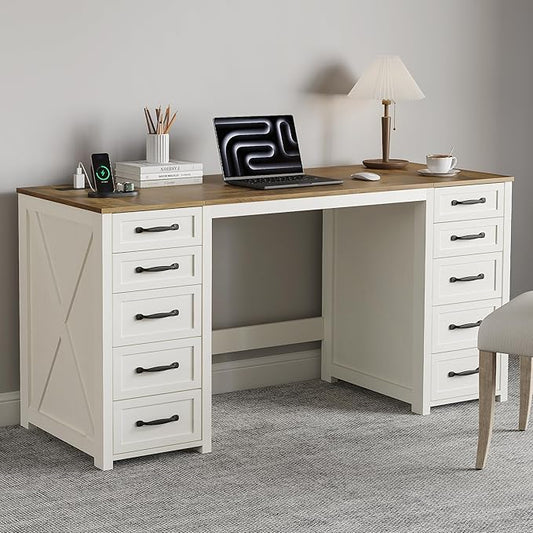 WOPITUES 60" Farmhouse Home Office Desk with 10 Wooden Drawers, Rustic Computer Writing Desk with Power Outlets, Large Executive Desk with Storage Cabinet for Work Study Writing, Rustic Brown & White