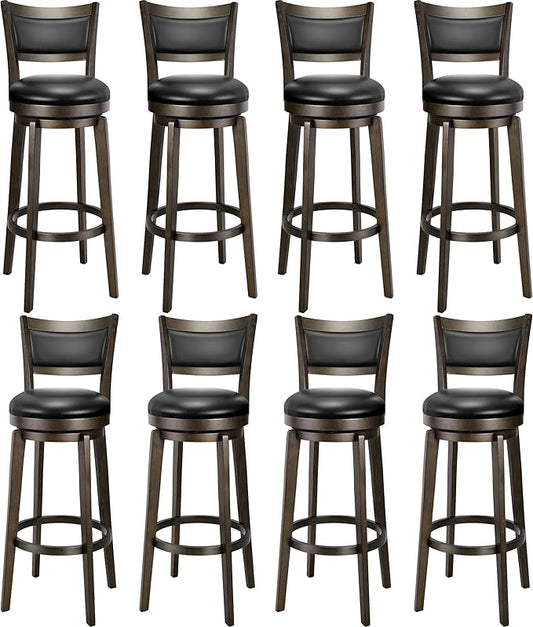 PrimeZone Swivel Bar Stools Set of 8, 34 Inch Extra Tall Bar Height Barstools, Black Faux Leather Bar Stool with High Backrest, Solid Wood Leg, Wrap-Around Footrest, Counter Stools for Pub