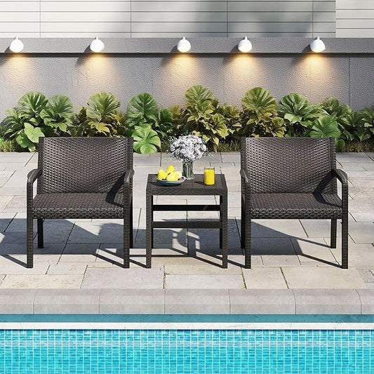 COSTWAY 3 Piece Patio Furniture Set, Outdoor PP Rattan Wicker Furniture Set with 2 Modern Rattan Armchair and 25” Squire Side Table for Patio, Garden, Poolside, Bistro, Black
