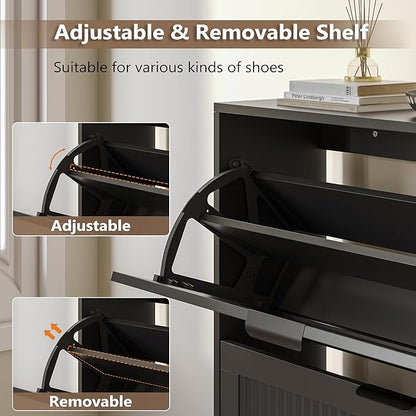 Shoe Cabinet for Entryway with 6 Flip Drawers, Slim Wooden Shoe Storage Organizer with Modern Fluted Pannel，Freestanding Narrow Hidden Shoe Rack for Hallway, Foyer, Living Room