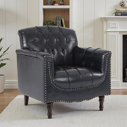 Faux Leather Accent Chair, PU Leather Modern Comfy Upholstered Armchair with Wood Legs & Nailhead Trim for Living Room, Bedroom