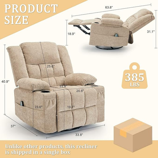 360° Rotating Adult Rocking Recliner, Baby Room Glider with Massage and Heating Functions, Rocking Chair with Cup Holder, Manual Recliner for Living and Bedroom (Fabric, Khaki)