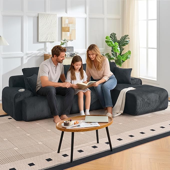 118" Modular Sectional Sofa, Cloud Sectional Couch with Deep Seat, Modern Modular Sofa with L Shaped Comfy Cloud Upholstered Boneless Couches for Living Room Bedroom, Black