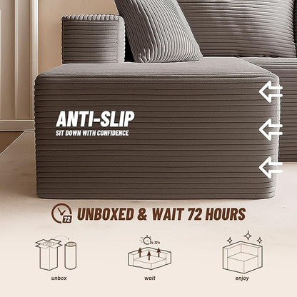 138" Boneless Couch with Deep Seat, Modular Sectional Sofa, Cloud Sectional Couch for Living Room, No Assembly Required, Corduroy, 4 Seater L-Shape Left, Grey