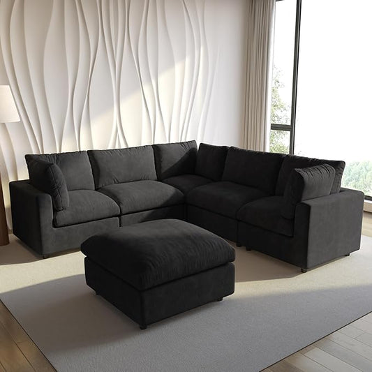 WJShome Cloud Couch Modular Sectional Sofa,100.5" V Shaped Couch, Convertible Wide Seater with Ottoman, 6 Seater for Living Room Set,Covers Washable&Replaceable,Black