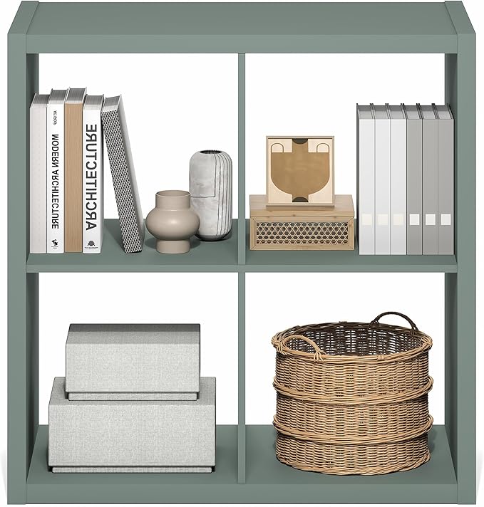 Furinno Cubicle Book Shelf, 4-Cube Thick Frame Bookshelf, Reversible Bookcase with Open Back, 14.6" x 30" x 30", for Living Room, Bedroom, Home Office, Sage Green