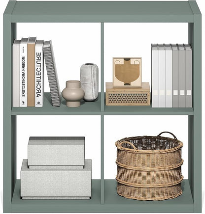Furinno Cubicle Book Shelf, 4-Cube Thick Frame Bookshelf, Reversible Bookcase with Open Back, 14.6" x 30" x 30", for Living Room, Bedroom, Home Office, Sage Green