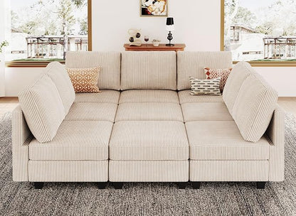Belffin Corduroy Modular Sectional Sofa 9 Seat Convertible Sectional Sleeper Sofa Bed with Storage Ottomans Modular Sectional Couch Bed for Living Room Beige